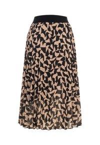 Jupe plissée midi avec un motif abstrait beige et noir et une ceinture élastique noire unie, présentée sur un fond blanc.