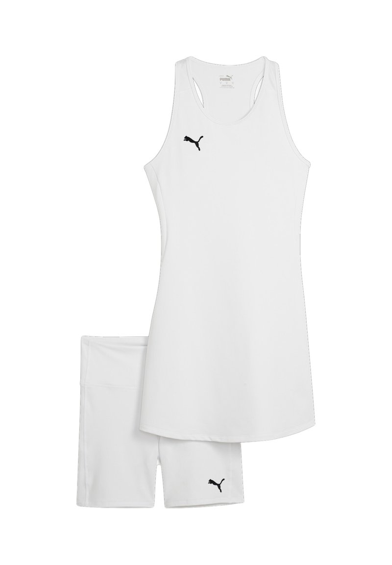 Conjunto de top de corrida e calções brancos, feito de tecido leve, com um design elegante e detalhes em preto com o logótipo Puma.