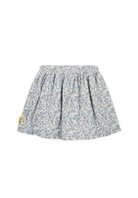 Gonna floreale blu con vita arricciata, caratterizzata da piccoli motivi floreali marroni e blu su uno sfondo azzurro chiaro. Realizzata in tessuto leggero.