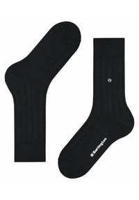 Czarne bawełniane skarpetki o prążkowanej fakturze, z detalem w postaci srebrnego guzika oraz logo "Burlington" w białym kolorze na mankiecie.