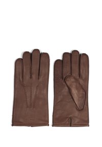 Brune lærhansker med fire fingre og en tommel, med en dekorativ søm på baksiden og et åpent mansjett-design.