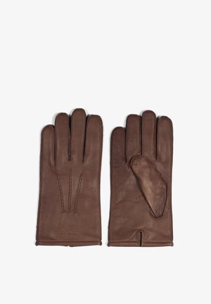 Braune Lederhandschuhe mit vier Fingern und Daumen, einer dekorativen Naht auf der Rückseite und einem offenen Bündchen-Design.