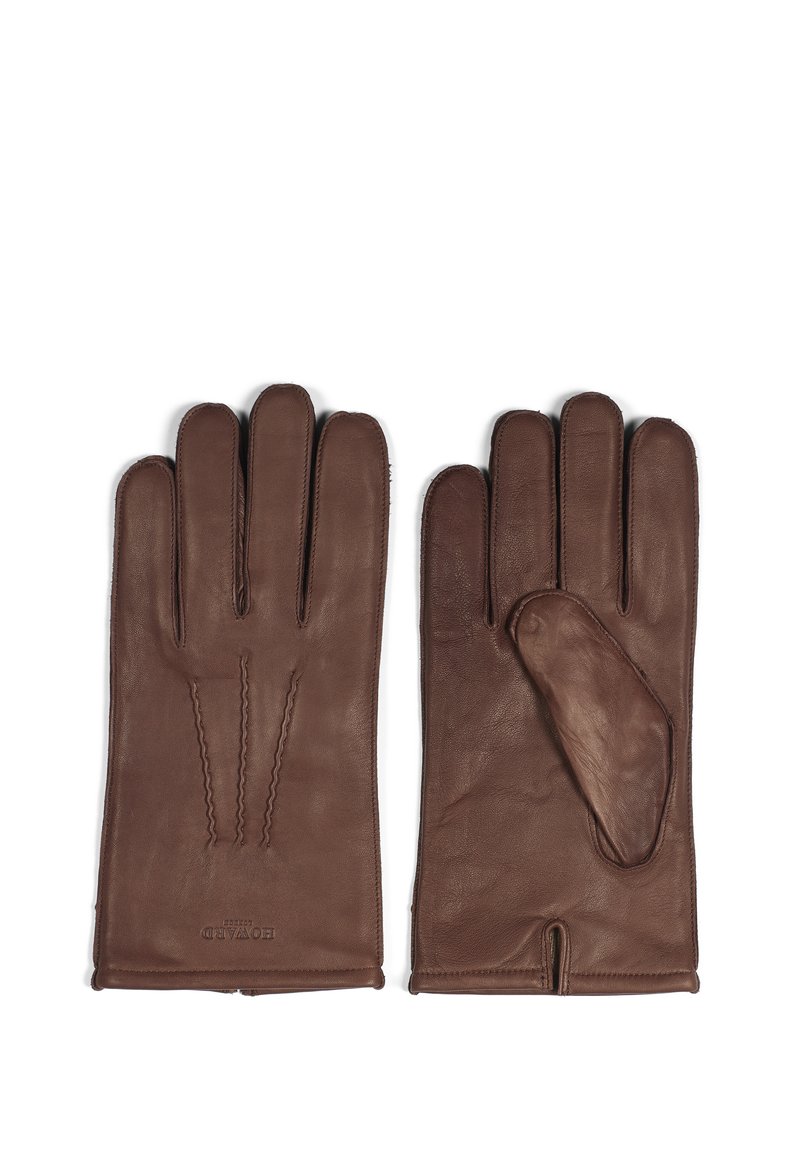 Brune lærhansker med fire fingre og en tommel, med en dekorativ søm på baksiden og et åpent mansjett-design.