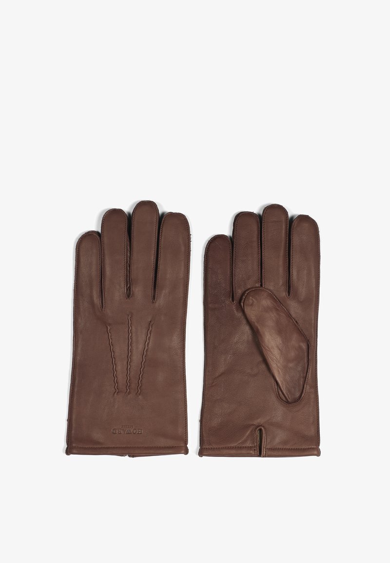 Brune lærhansker med fire fingre og en tommel, med en dekorativ søm på baksiden og et åpent mansjett-design.