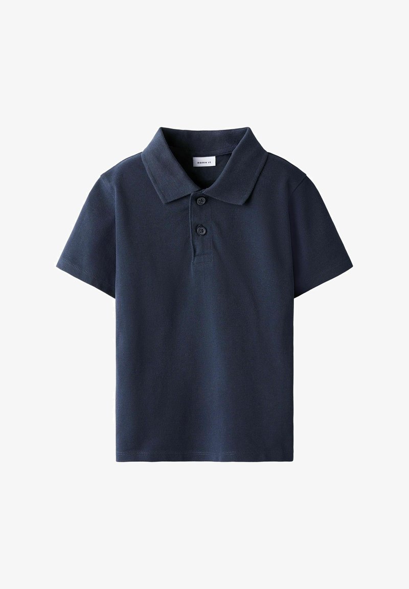 Marinblå polo skjorta gjord av strukturerad bomull, med krage, korta ärmar och tre-knapprad. Klassisk design med en solid färg.