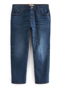 Donkerblauwe spijkerbroek van denim, met een recht gesneden ontwerp, vijf zakken en contrasterende oranje stiksels.