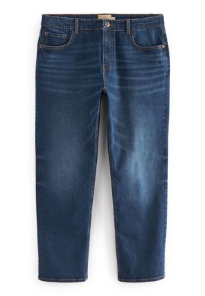 Jeans de mezclilla azul oscuro, con un diseño de pierna recta, estilo de cinco bolsillos y detalles de costura en naranja contrastante.