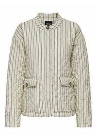 Gequiltede jas in lichtbeige met verticale donkere strepen, voorzien van een staande kraag, knoopsluitingen en twee zijzakken.