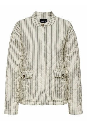 Quiltet jakke i lys beige med vertikale mørke striper, med ståkrage, knappelukking og to frontlommer.
