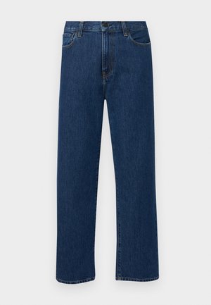 Jeans din denim de culoare albastru închis, cu un design drept, având un talie înaltă, buzunare frontale și cusături contrastante galbene.