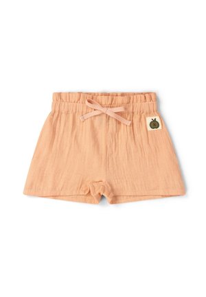 Pfirsichfarbene, weiche Stoffkurzshorts für Kleinkinder mit elastischem Bund, vorn gebundener Schleife und einem kleinen bestickten grünen Apfel-Patch auf der rechten Seite.