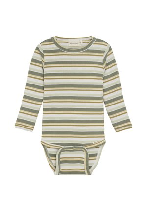 Randig långärmad bodysuit i grön, vit och beige, med ribbad textur och tryckknappar i botten. Mjuk bomullsmaterial.