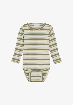 Gestreiftes Langarm-Body in Grün, Weiß und Beige mit gerippter Textur und Druckknöpfen am Boden. Aus weichem Baumwollmaterial.