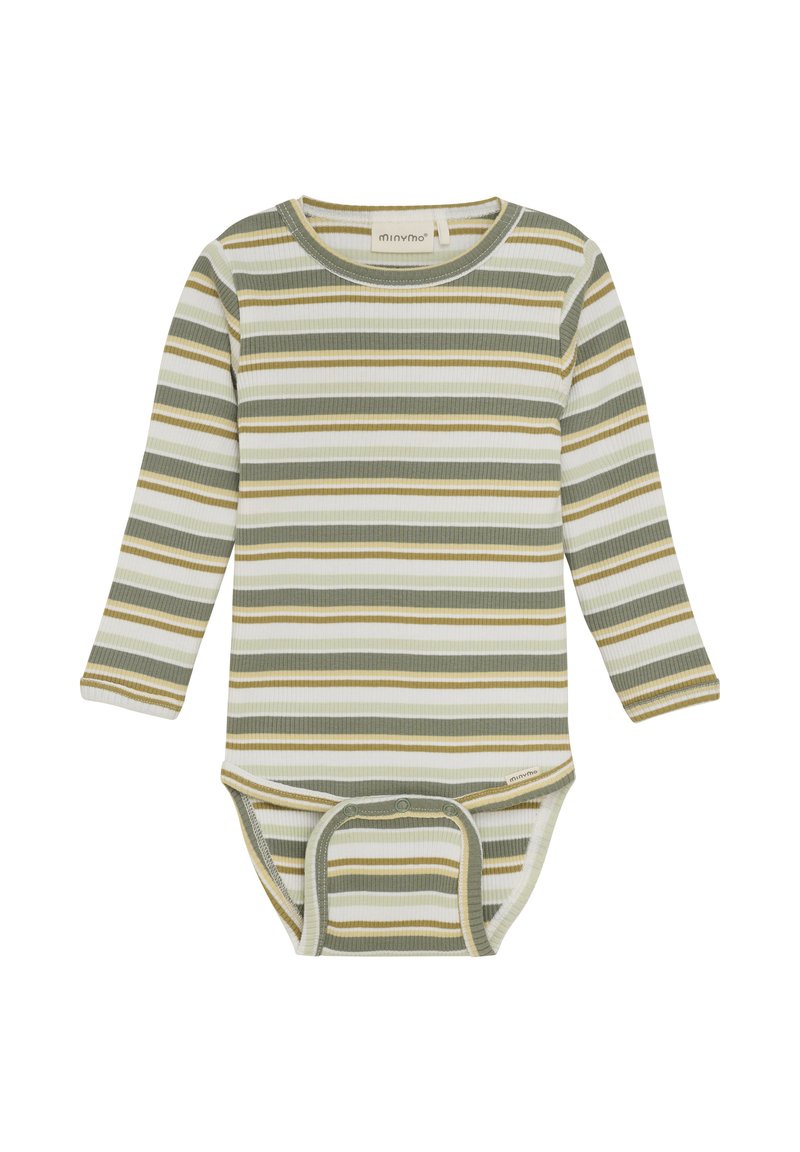 Gestreiftes Langarm-Body in Grün, Weiß und Beige mit gerippter Textur und Druckknöpfen am Boden. Aus weichem Baumwollmaterial.