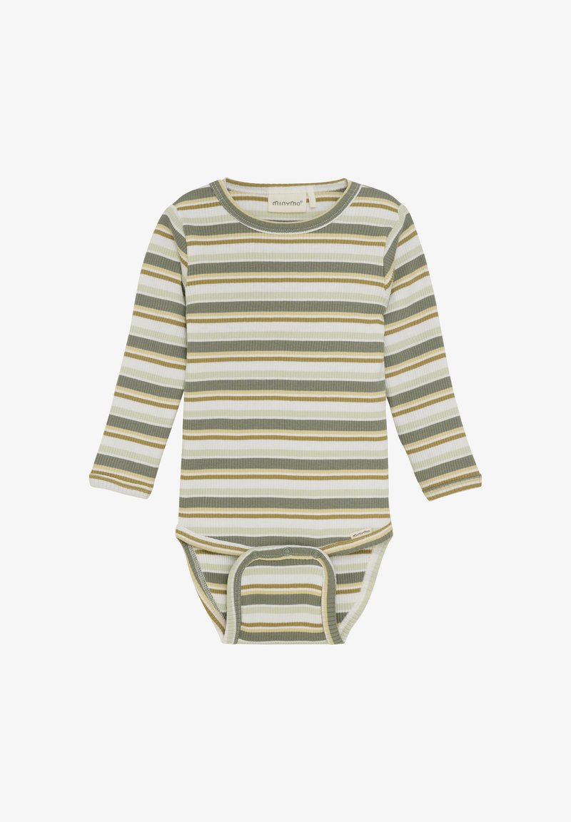 Gestreiftes Langarm-Body in Grün, Weiß und Beige mit gerippter Textur und Druckknöpfen am Boden. Aus weichem Baumwollmaterial.