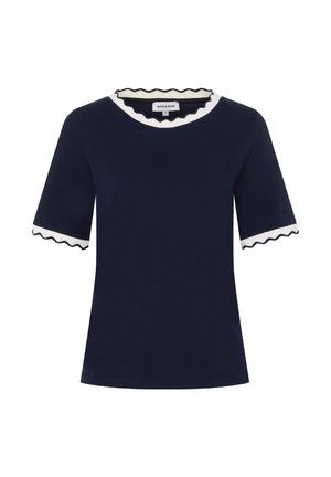 Navy blue short-sleeve top with white scalloped trim on neckline and sleeve cuffs.