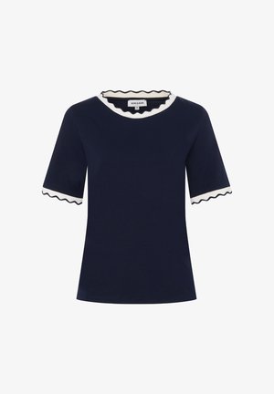 Navy blue short-sleeve top with white scalloped trim on neckline and sleeve cuffs.