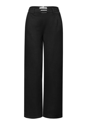 Czarne spodnie typu wide-leg o gładkiej fakturze, elastycznym pasie i prostym pasku akcentującym w talii. Czysty, minimalistyczny design.