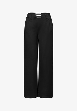 Czarne spodnie typu wide-leg o gładkiej fakturze, elastycznym pasie i prostym pasku akcentującym w talii. Czysty, minimalistyczny design.