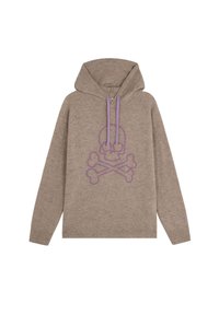 Brauner Hoodie mit einem lila Totenkopf- und Kreuzbones-Graphic, ausgestattet mit einer frontalen Kängurutasche, Zugbändern und einer weichen Textur.