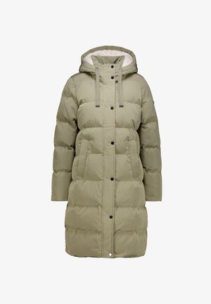 Parka matelassée vert olive avec capuche, présentant une fermeture éclair, des boutons-pression et quatre poches avant. Surface lisse et texturée.