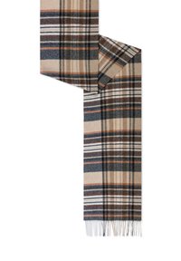 Beige karierter Schal mit braunen, marineblauen und orangenen Streifen. Hergestellt aus weichem Material mit fransigen Kanten für zusätzlichen Textur- und Detailreichtum.