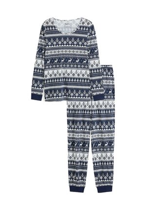 Set di pigiami blu navy composto da una maglia a maniche lunghe e pantaloni coordinati. Entrambi i pezzi presentano un motivo di fiocchi di neve e renne bianchi.