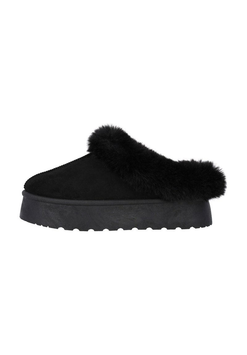 Svarta mocka slip-in tofflor med svart syntetisk päls. Har en tjock, texturerad gummisula med ett räfflat mönster för bra grepp.