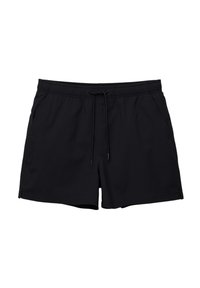 Schwarze Badeshorts aus leichtem Material. Mit elastischem Bund und Kordelzug, seitlichen Taschen und einem schlichten Design.