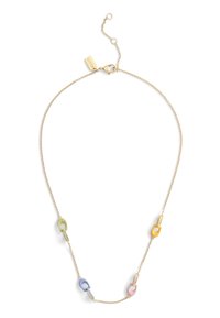 Gold-link necklace featuring five colorful, oval-shaped accents in green, yellow, pink, and blue, with small crystal embellishments.