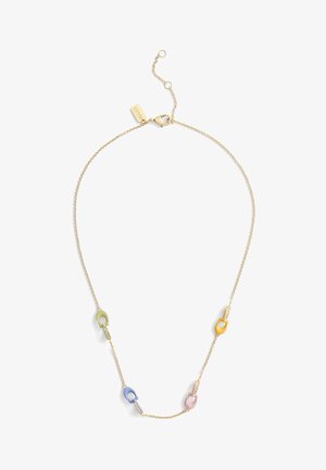 Gold-link necklace featuring five colorful, oval-shaped accents in green, yellow, pink, and blue, with small crystal embellishments.