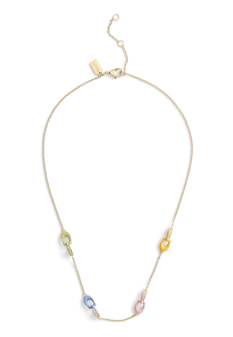 Gold-link necklace featuring five colorful, oval-shaped accents in green, yellow, pink, and blue, with small crystal embellishments.