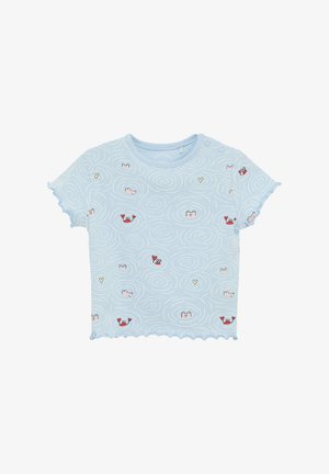 Blauw katoenen T-shirt met een zwirldesign dat geïllustreerde krabben, harten en katten bevat. Korte mouwen met golfachtige geschulpte randen.