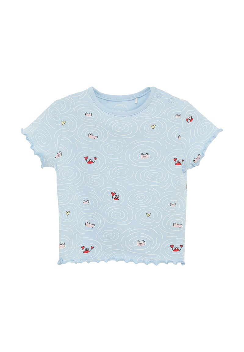 Blaues Baumwoll-T-Shirt mit einem wirbelnden Muster, das Zeitungsillustrationen von Krabben, Herzen und Katzen zeigt. Kurze Ärmel mit wellenförmigen, gezackten Rändern.