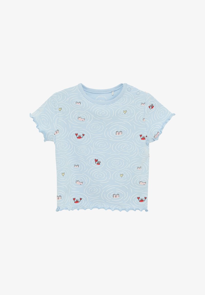 Blauw katoenen T-shirt met een zwirldesign dat geïllustreerde krabben, harten en katten bevat. Korte mouwen met golfachtige geschulpte randen.