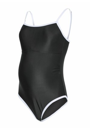 Must mustriimiga must üksikus ujumistrikoo valgete aktsentidega, millel on reguleeritavad rihmad, sile tekstuur ja kokku tõmmatud detail vööl.