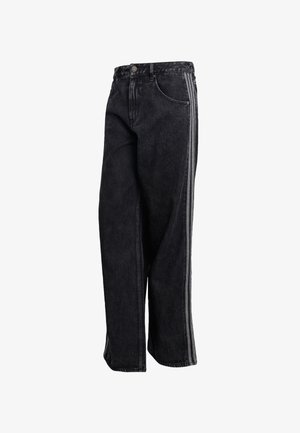 Černé džíny z denimu s volným střihem, s bočními pruhy, klasickým kovovým knoflíkem a standardními kapsami. Odolná tkanina s texturovaným vzhledem.