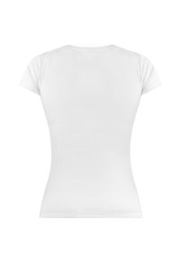 Weißes, eng anliegendes T-Shirt mit kurzen Ärmeln, Rundhalsausschnitt, glatter Textur und ohne Muster oder Akzente. Rückansicht, minimales Design.