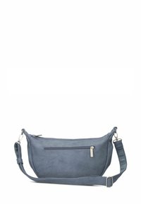 Borsa a tracolla blu in pelle con tracolla regolabile e tasca esterna con cerniera su sfondo bianco.