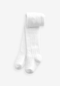 Weiße gemusterte Strumpfhosen ordentlich aufgerollt. Sie haben ein strukturiertes, geripptes Design, mit undurchsichtigem Stoff und glatter Oberfläche. Geeignet für verschiedene Anlässe.