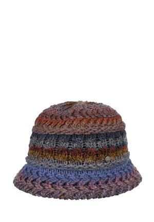 Knitted bucket hat with multicolor horizontal stripes in brown, blue, gray, and purple tones, featuring a small round metal logo tag.