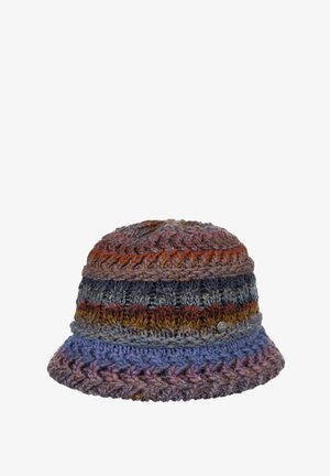 Knitted bucket hat with multicolor horizontal stripes in brown, blue, gray, and purple tones, featuring a small round metal logo tag.