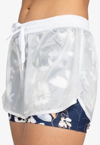 Läpinäkyvät valkoiset shortsit, joissa on teksturoitu kuvio. Sisältää joustavyöhön ja nyöriin, kerroksena tummansinisten kukkakuosisia shortseja.