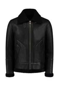 Black leather jacket with a shearling collar, zip front, and two angled pockets. Features textured fabric along the cuffs and hem.
