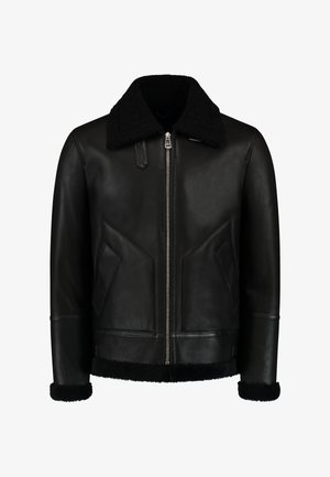 Black leather jacket with a shearling collar, zip front, and two angled pockets. Features textured fabric along the cuffs and hem.