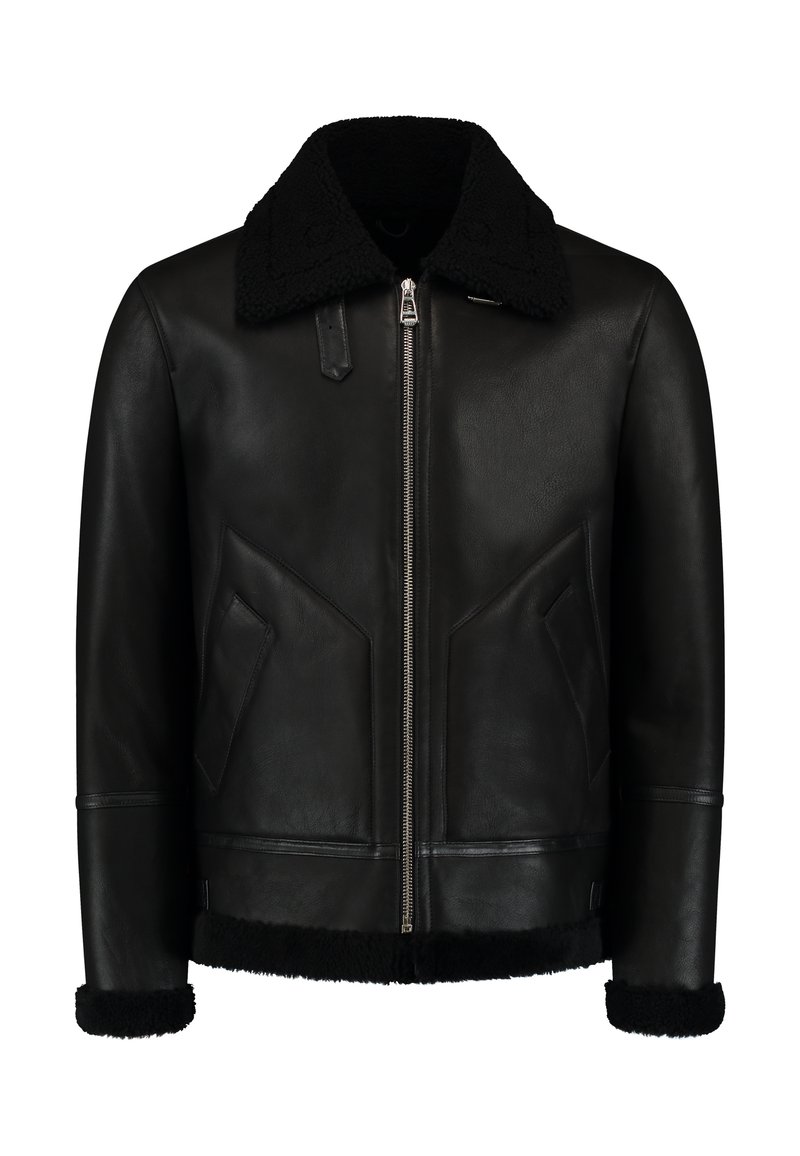 Black leather jacket with a shearling collar, zip front, and two angled pockets. Features textured fabric along the cuffs and hem.