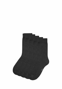 Ciemnoszare bawełniane skarpetki, sześć par, o jednolitym wzorze i prążkowanym ściągaczu, charakteryzujące się gładką teksturą i standardowym kształtem skarpet.