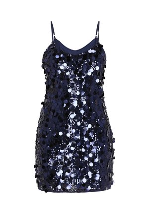 Granatowa sukienka cekinowa z cienkimi ramiączkami, dopasowanym fasonem i błyszczącymi, okrągłymi cekinami pokrywającymi powierzchnię, tworzącymi teksturowany wygląd.