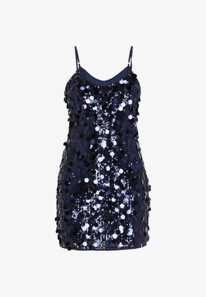 Granatowa sukienka cekinowa z cienkimi ramiączkami, dopasowanym fasonem i błyszczącymi, okrągłymi cekinami pokrywającymi powierzchnię, tworzącymi teksturowany wygląd.