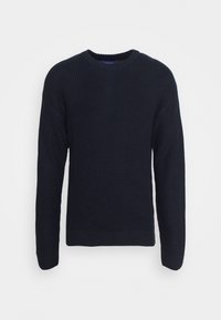 Marineblaue Strickjacke, Rundhalsausschnitt, lange Ärmel, strukturiertes Gewebe, gerippter Saum und Bündchen. Keine sichtbaren Muster oder Logos.